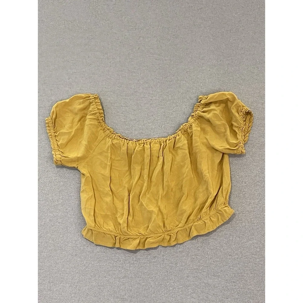 Active USA‎ Mustard Yellow Off Shoulder Crop Top Ruffle Hem Boho Stretch Large